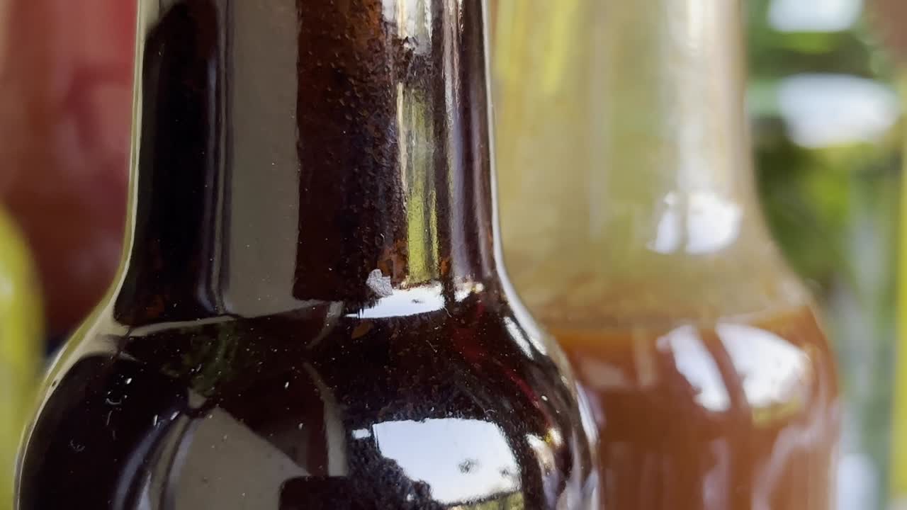 Close-up of various food bottles