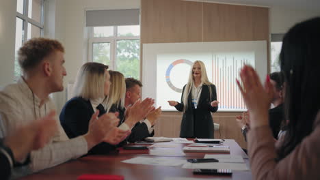 woman expert of financial analysis and marketing is finishing her report in business meeting