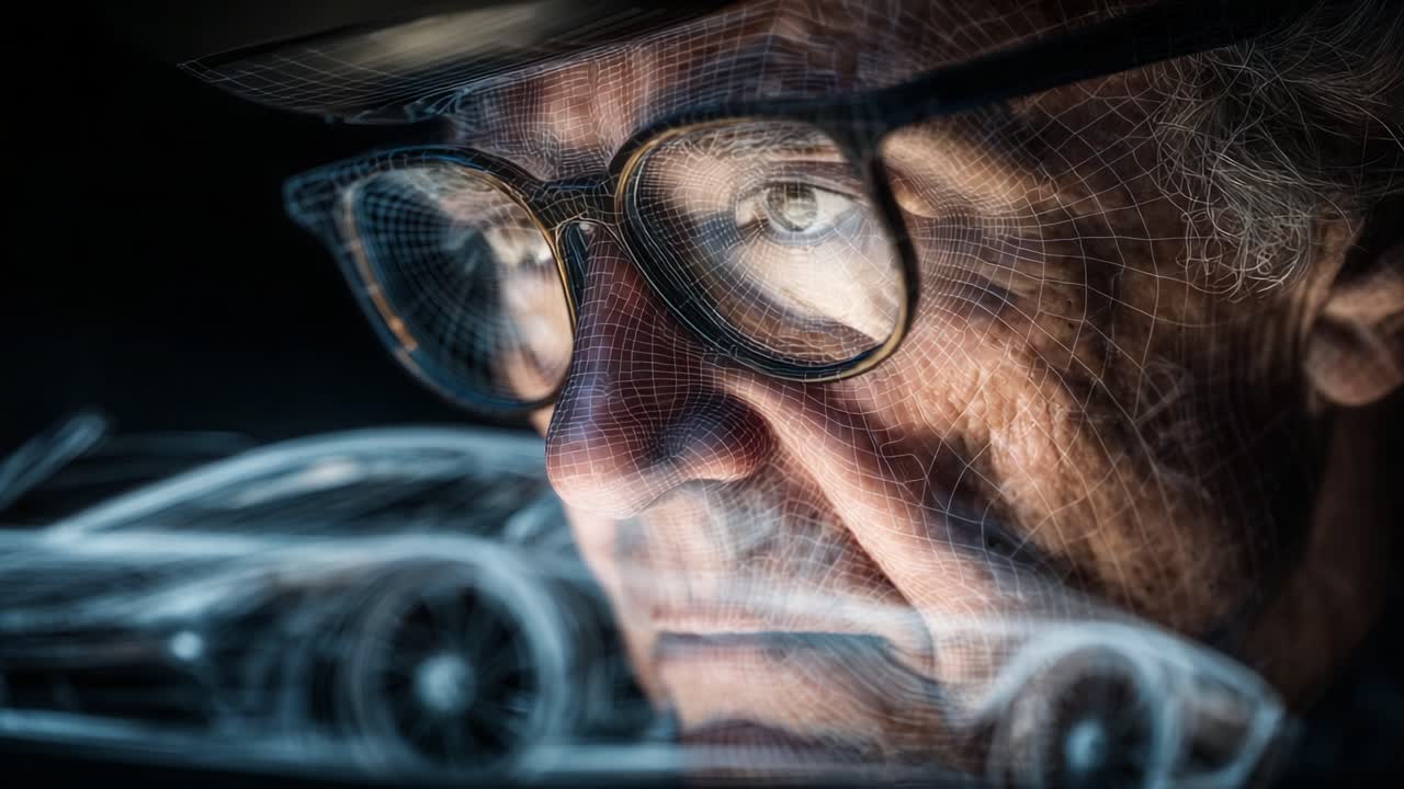 Innovative Engineering Vision: A Mature Designer Analyzing the Futuristic Concept of a Sports Car through Advanced 3D Modeling Techniques and Digital Visualization for Automotive Development