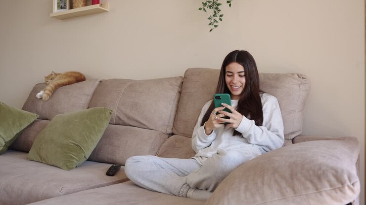Woman on couch using phone with cat in the background
