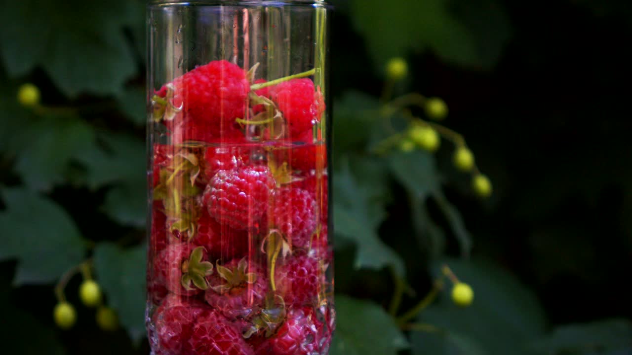 물과 함께 유리잔에 은 라즈베리 영화