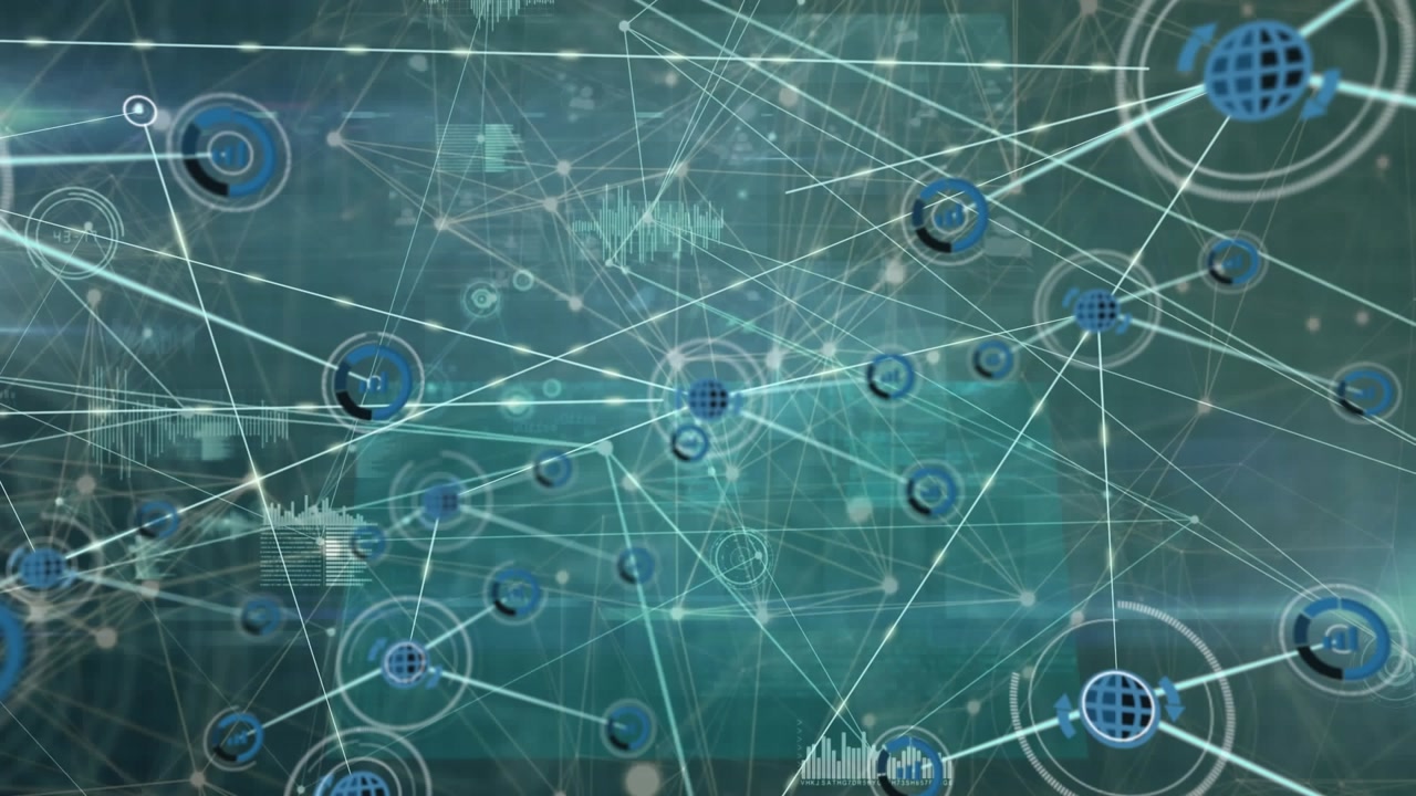 Animation of network of connections with icons and data processing on black background