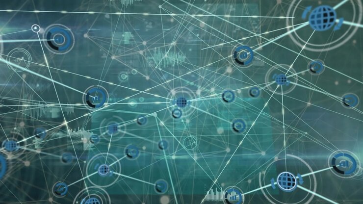 Animation of network of connections with icons and data processing on black background