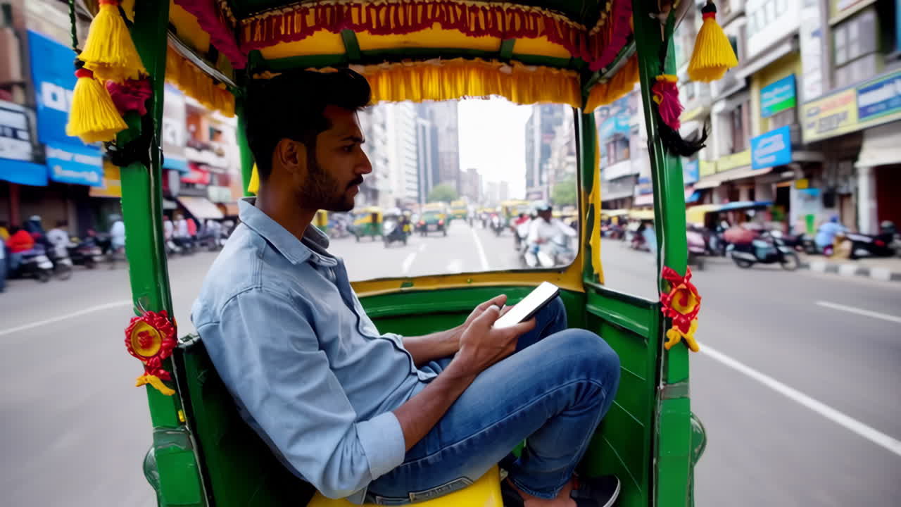 Man using a smartphone while traveling in an auto-rickshaw on a city street
