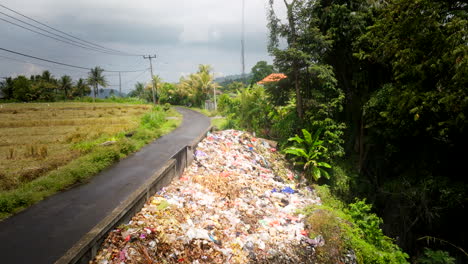 Eliminación-De-Desechos-Repugnantes-Al-Borde-De-La-Carretera-En-El-Campo-De-Bali-Cerca-De-Tierras-Agrícolas,-Drones