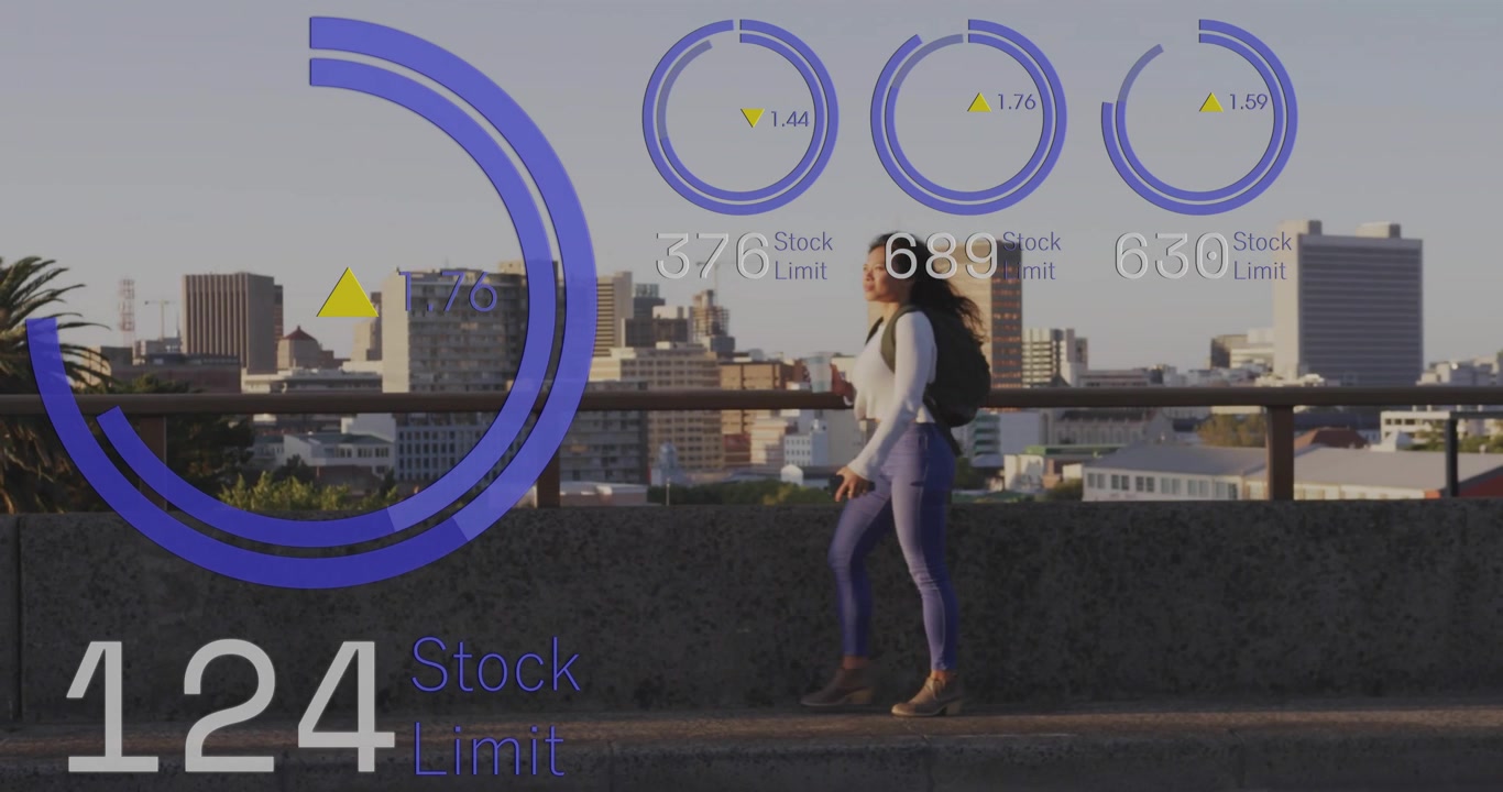 Commuter walking along raised walkway and activating AR Stock Limit gauges showing finance trends