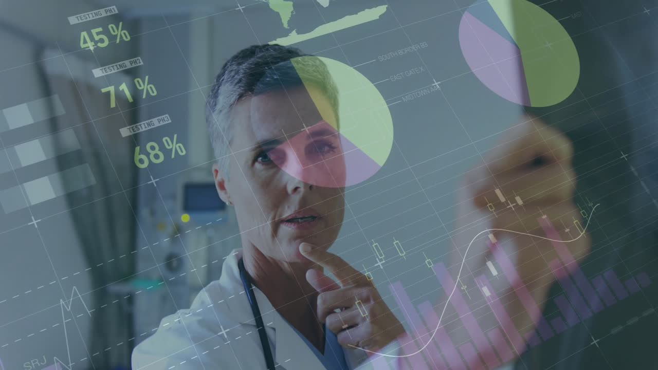 animación del procesamiento de datos financieros sobre una doctora caucásica