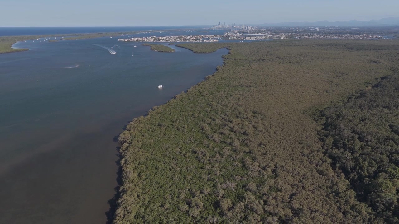 Vegetação Densa e Cursos d'Água da Ilha Coomera em Coomera, QLD, Austrália. Imagem Aérea.