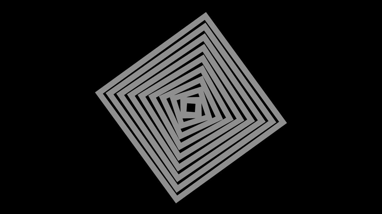 objeto gráfico en blanco y negro con efecto estroboscópico e hipnótico, que gira en el sentido de las agujas del reloj disminuyendo el tamaño de pantalla completa a desaparecer en el centro, en formato de video 16: 9