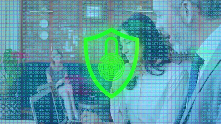 Digital security shield and fingerprint animation over people using technology in office