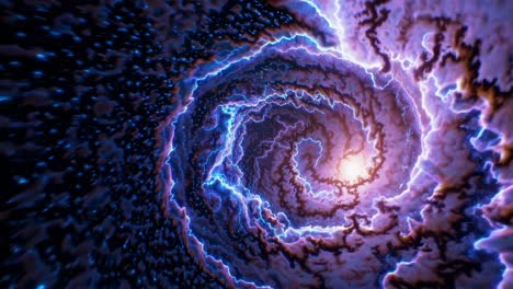 mesmerizing cosmic vortex spiraling through luminous nebulae. pulsing with electric lightning and distant stellar glow. revealing mysterious interstellar dynamics in vivid astronomical visualization