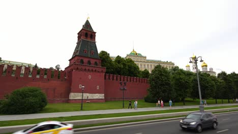 establishing drone shot of kremlin wall and government palace in moscow russia