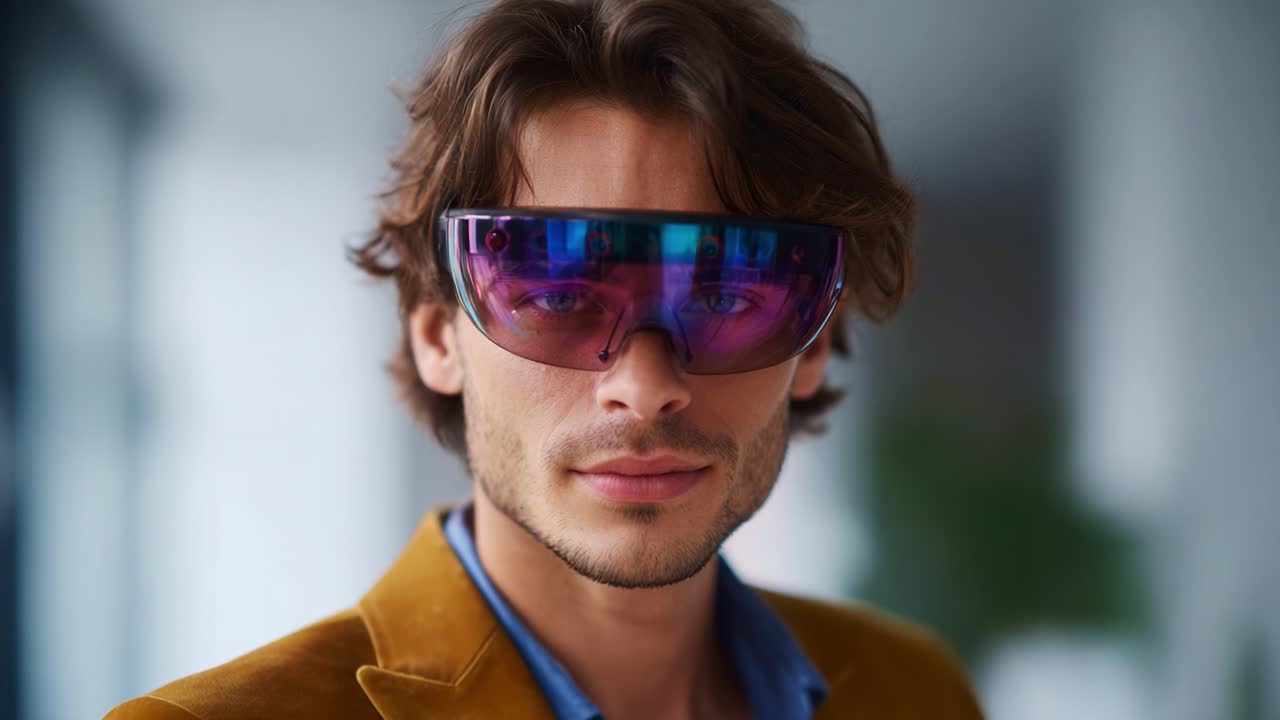 A Stylish Young Man Showcasing Futuristic Smart Glasses with Vibrant Lenses, Displaying Trendy Fashion and Cutting-Edge Technology for Modern Eyewear Enthusiasts