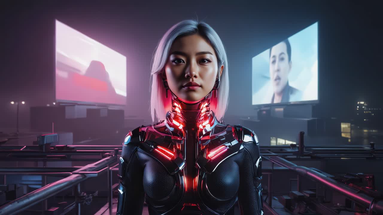 Donna asiatica cyberpunk futuristica in un paesaggio urbano al neon