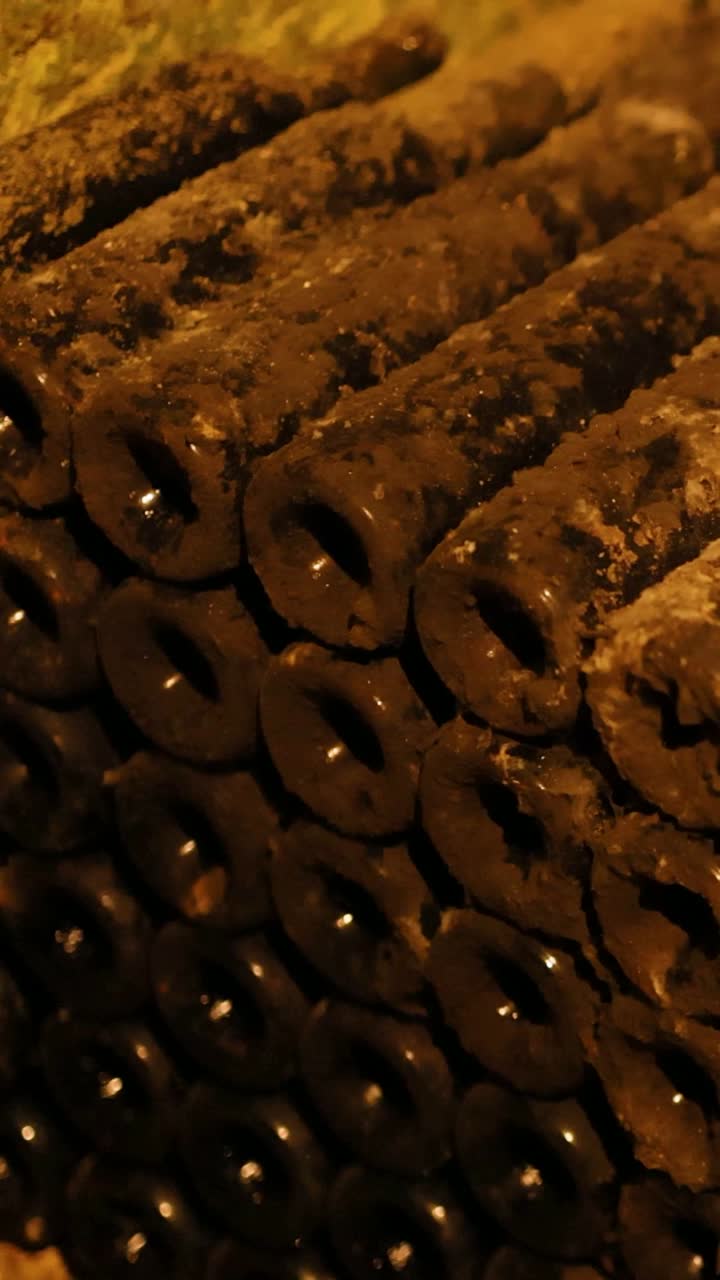 ряды пыльных винных бутылок в подвале