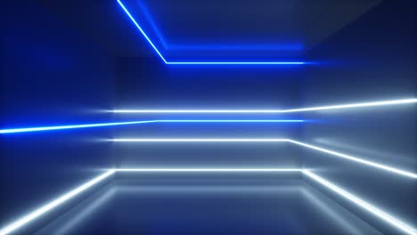 fondo abstracto, rayos de neón en movimiento, líneas luminosas dentro de la habitación, luz ultravioleta fluorescente, espectro blanco azul, bucle, bucle sin costuras renderizado en 3d