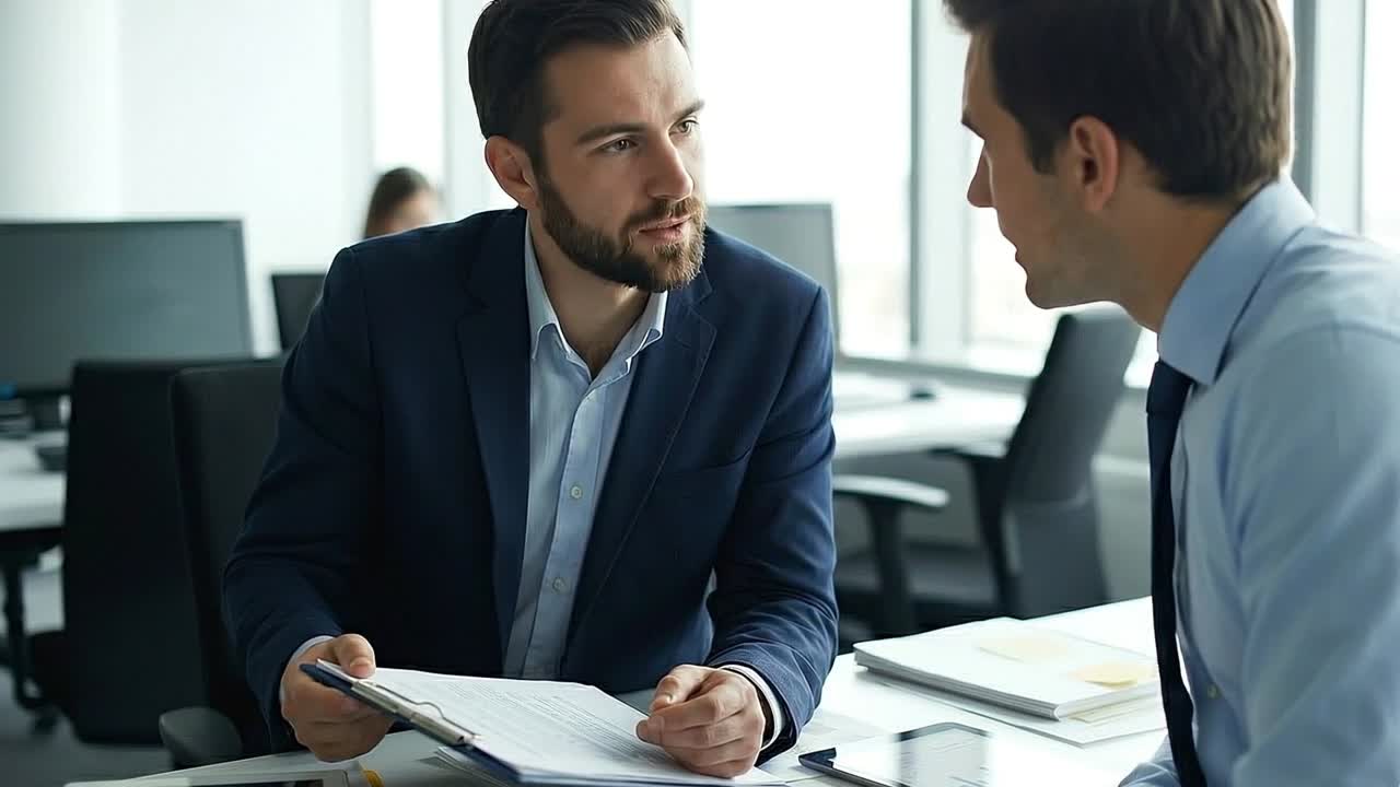 Two Businessmen Discussing Documents and Collaborating in a Modern Office