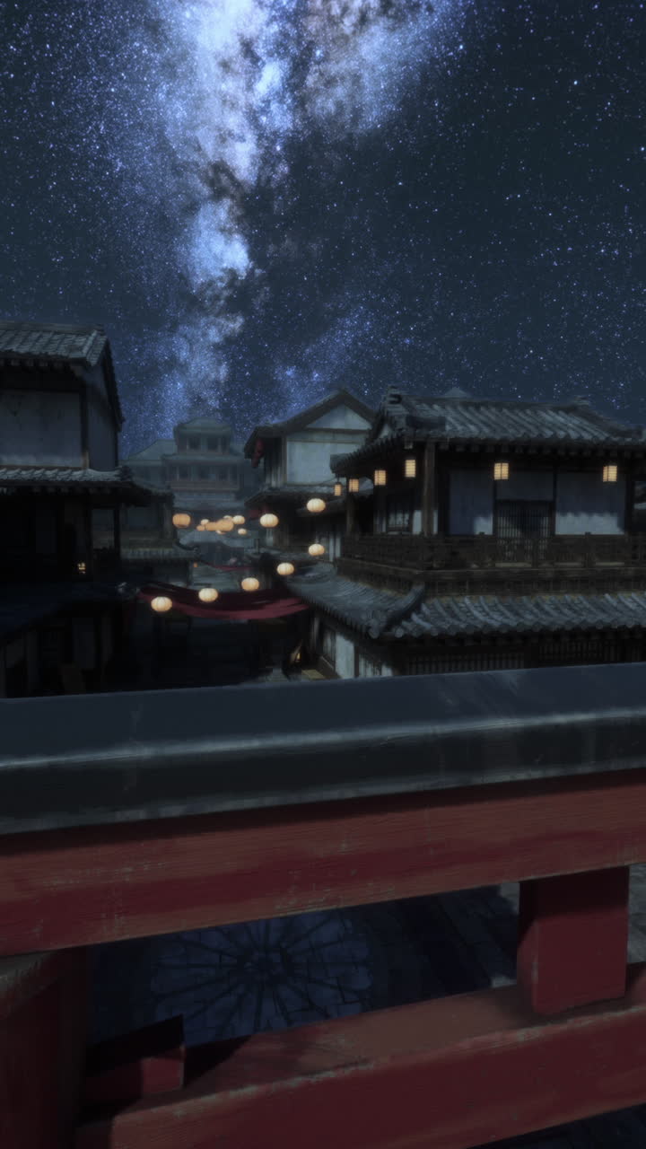 天の川の下、日本の伝統的な村の夜景