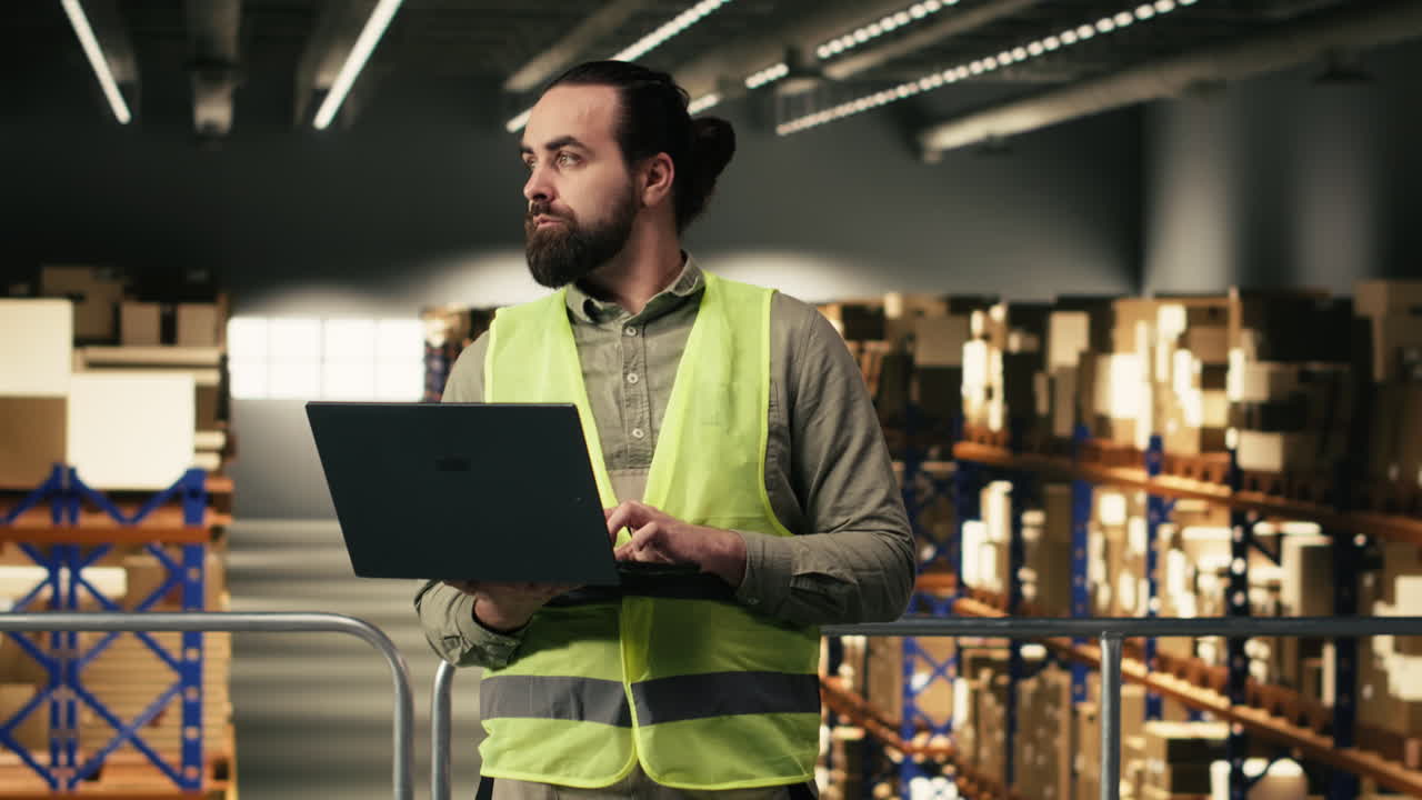Uomo con giubbotto di sicurezza che lavora al laptop in magazzino.