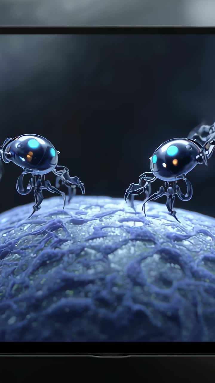 Video verticale: granchi robotici si muovono su una sfera blu con occhi ciano, attivati da unità in arrivo.