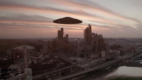 ufo over a cement factory at sunset