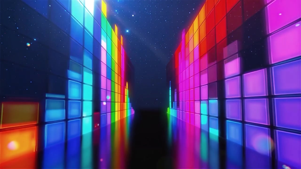 Fundo Futurista com Visualizador de Equalizador de Música Neon Arco-Íris.