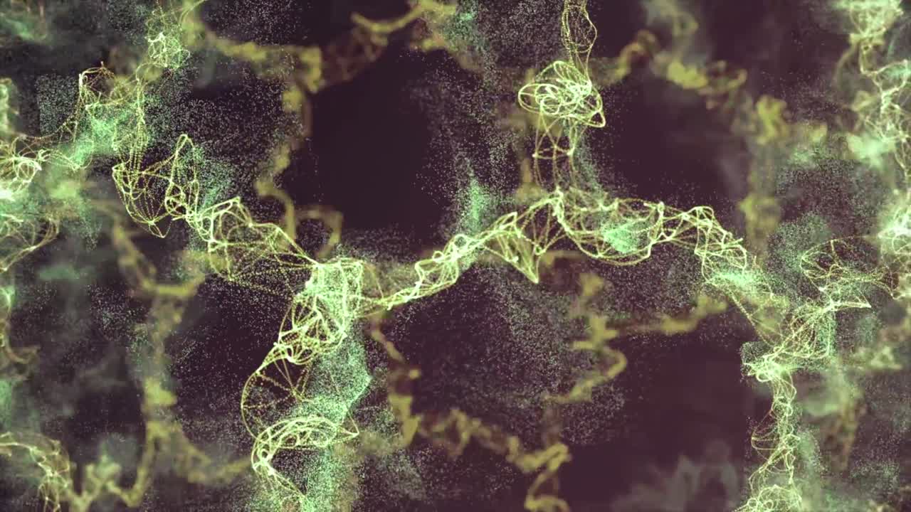 hermosa animación de partículas en fondo negro. color energía caótica