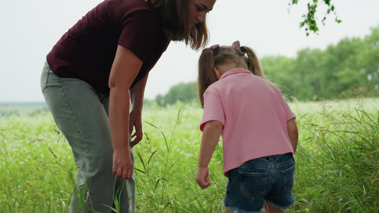 Madre e hija arrodilladas en un prado explorando flores silvestres e insectos, luz suave de verano, hierba verde, ropa informal, momento de enseñanza delicado, interacción cercana y manos cariñosas