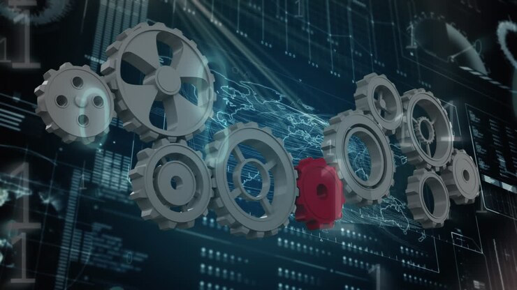 Silver gears and one red gear