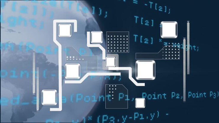Анимация обработки цифровых данных по сети соединений и глобусу