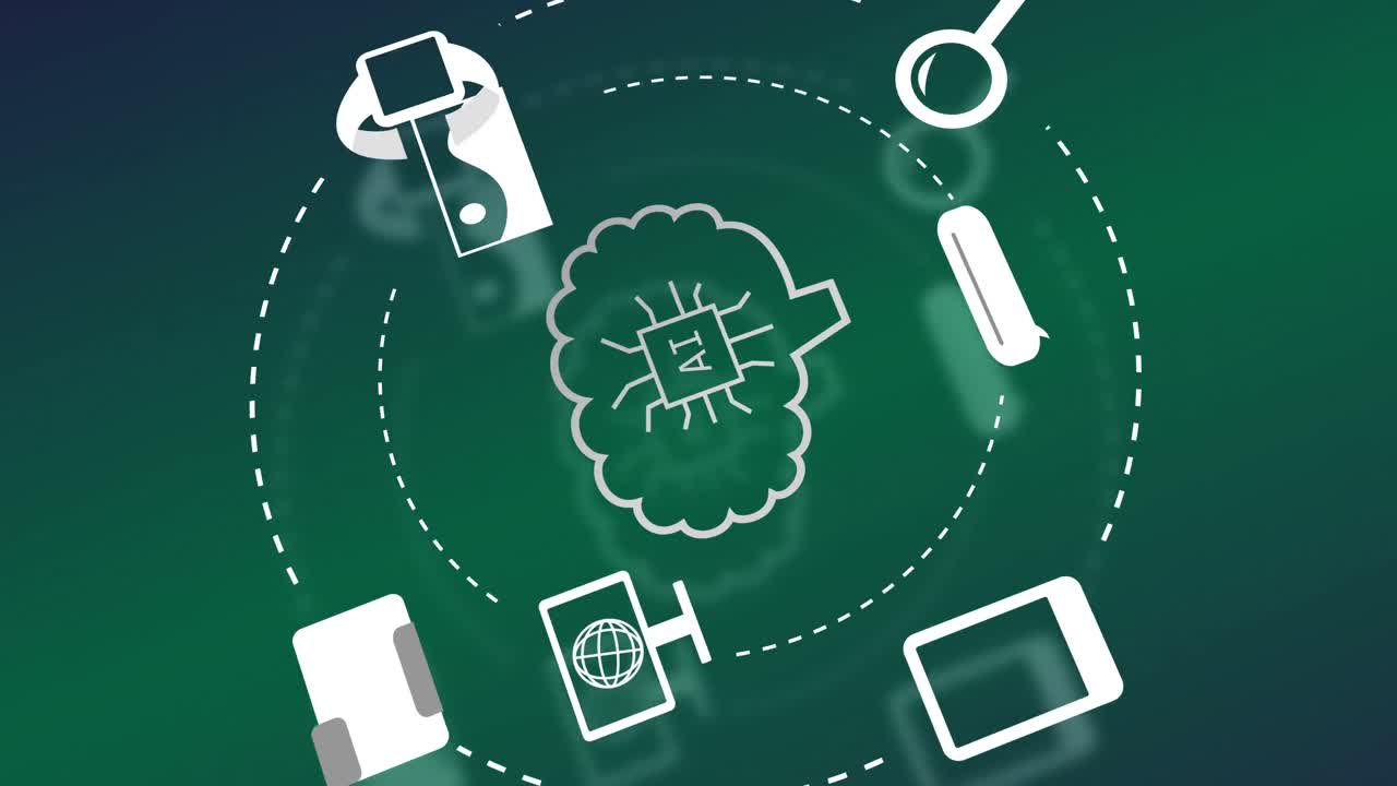 녹색 배경 위의 텍스트, 아이콘 및 데이터 처리의 애니메이션