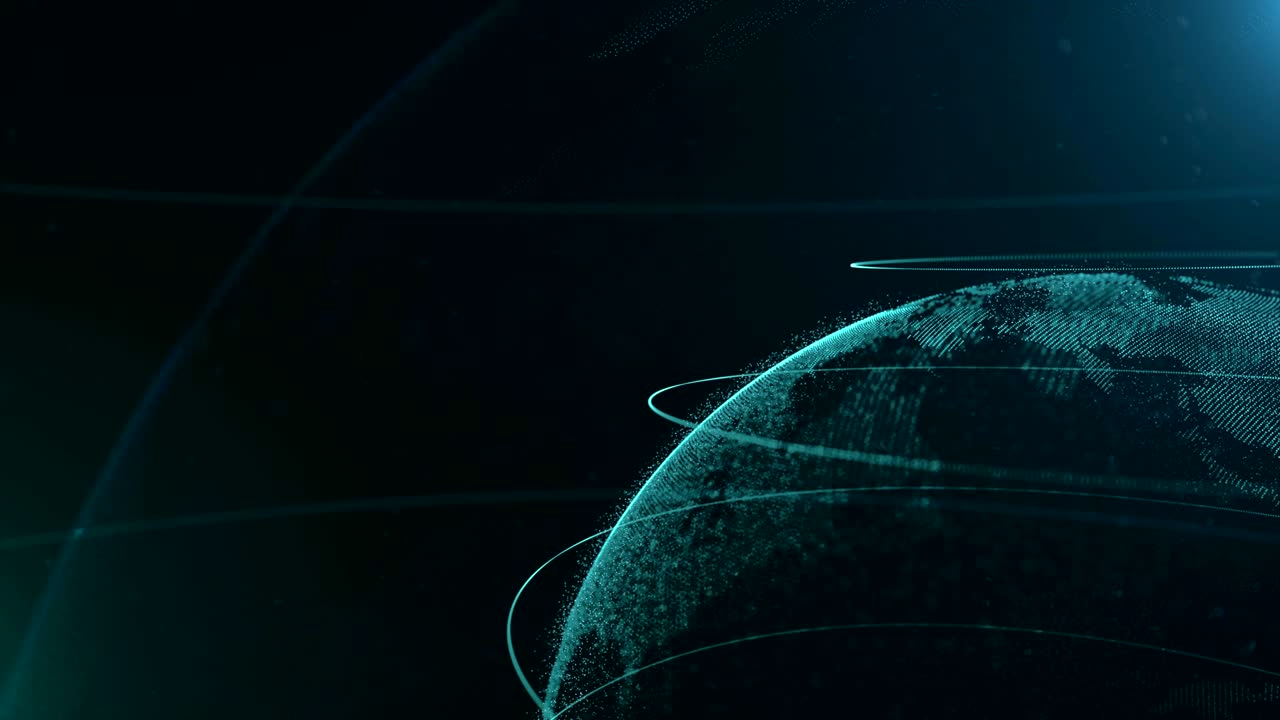 Abstract sphere. Connected azure blue dots with lines. Globalization interface. Dots accumulation. Close up. Planet is cropped and moving on the right corner. 4K.