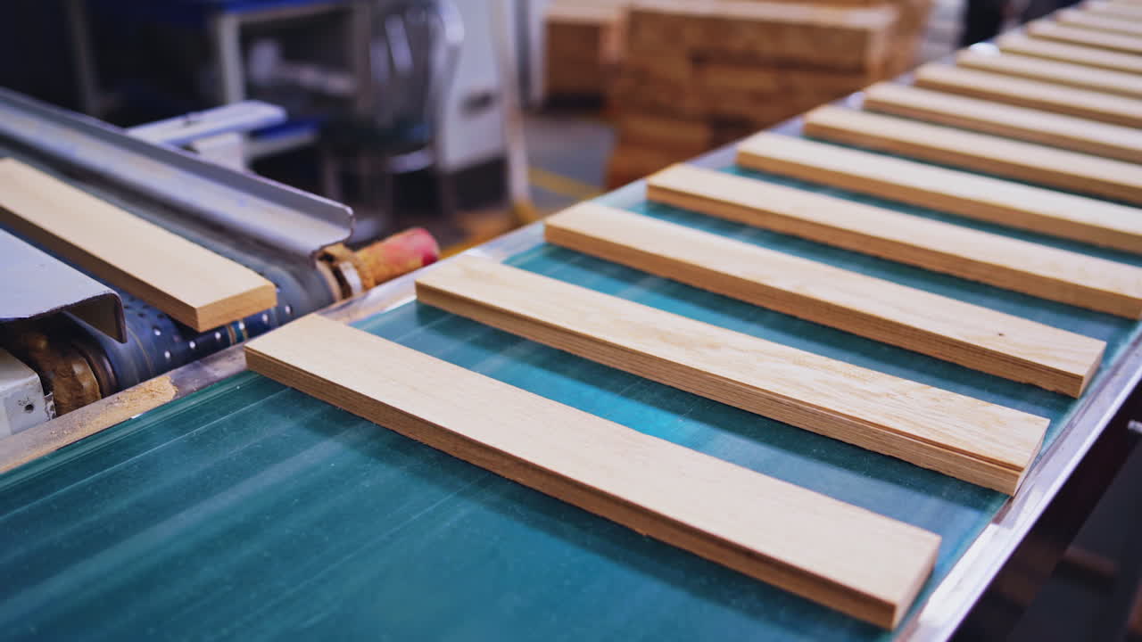 Wooden boards moves in a conveyor line. Manufacturing for parquet floor production. Modern industrial workshop for furniture production.
