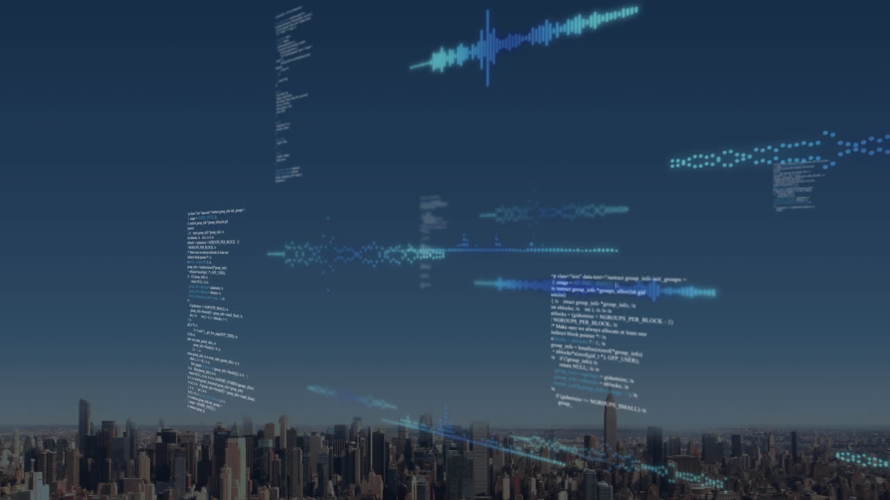 animación del procesamiento de datos frente a una vista aérea del paisaje urbano