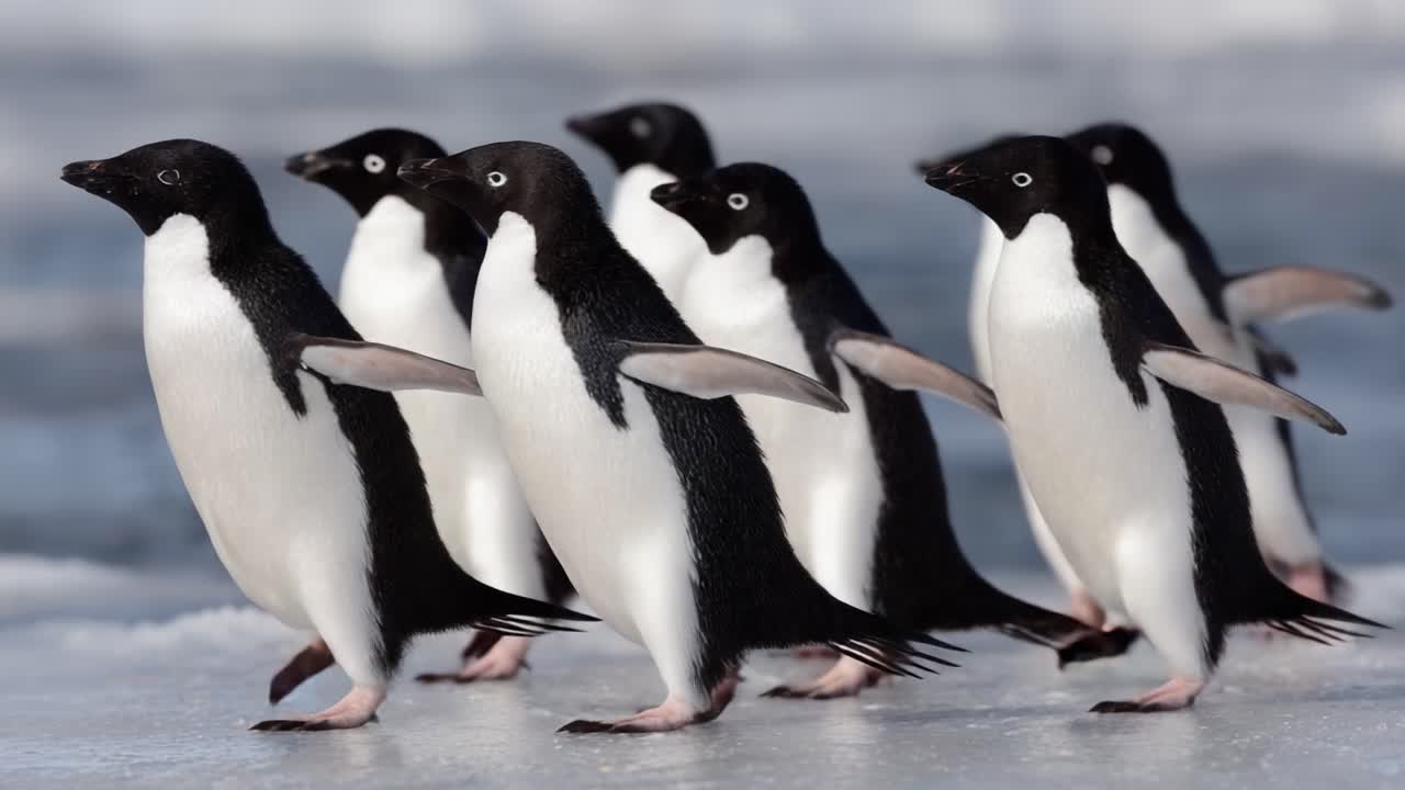 A Charming Group of Penguins Marching Together on Ice, Displaying Their Unique Waddling Movement and Social Behavior in a Stunning Frozen Landscape