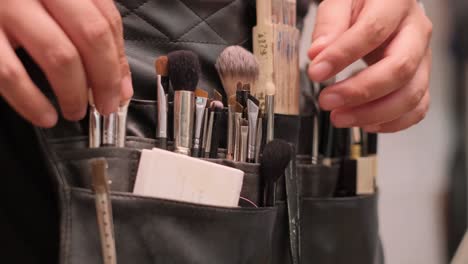 closeup of a beautifully arranged makeup pouch filled with various brushes for professional application