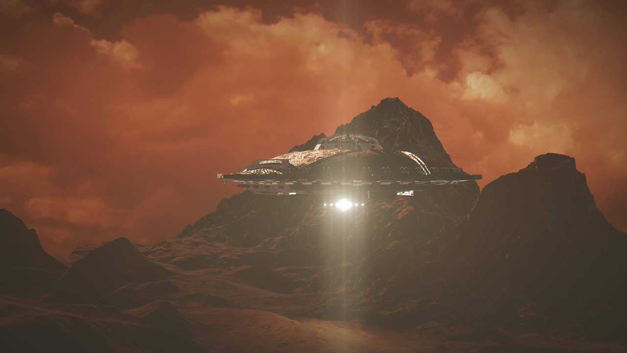 UFO flyr over et fjell på en fremmed planet