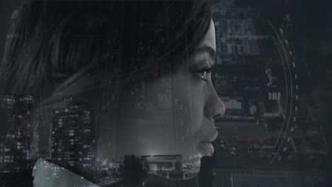 Animation-of-a-mixed-race-woman-profile-with-scope-scanning-over-a-cityscape-in-the-background.-