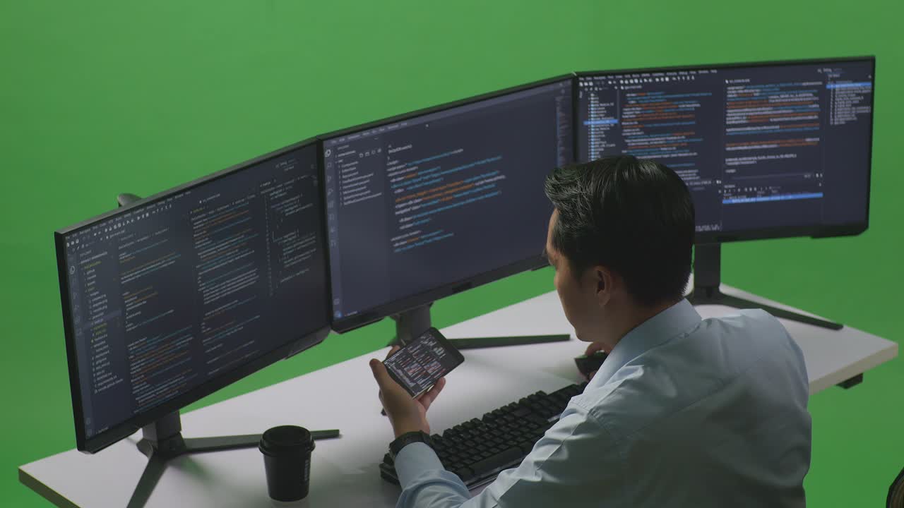 Side View Of Asian Man Developer Working With Mobile Phone While Write Code With Multiple Computer Screens In Green Screen Studio