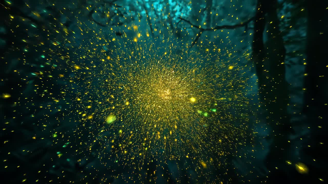 Erupting central golden core sending motes outward in dim teal forest, revealing foggy trunks