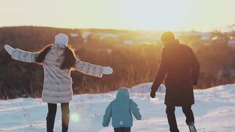 tremendous family members in winter clothes backside view