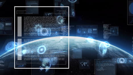 digital data and algorithm text animation over earth viewed from space