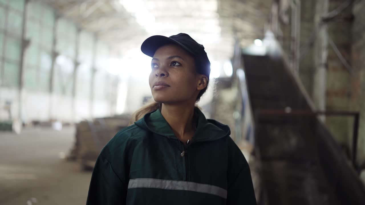retrato de una joven mujer afroamericana chequeando una cinta transportadora en una planta de reciclaje. control de la contaminación
