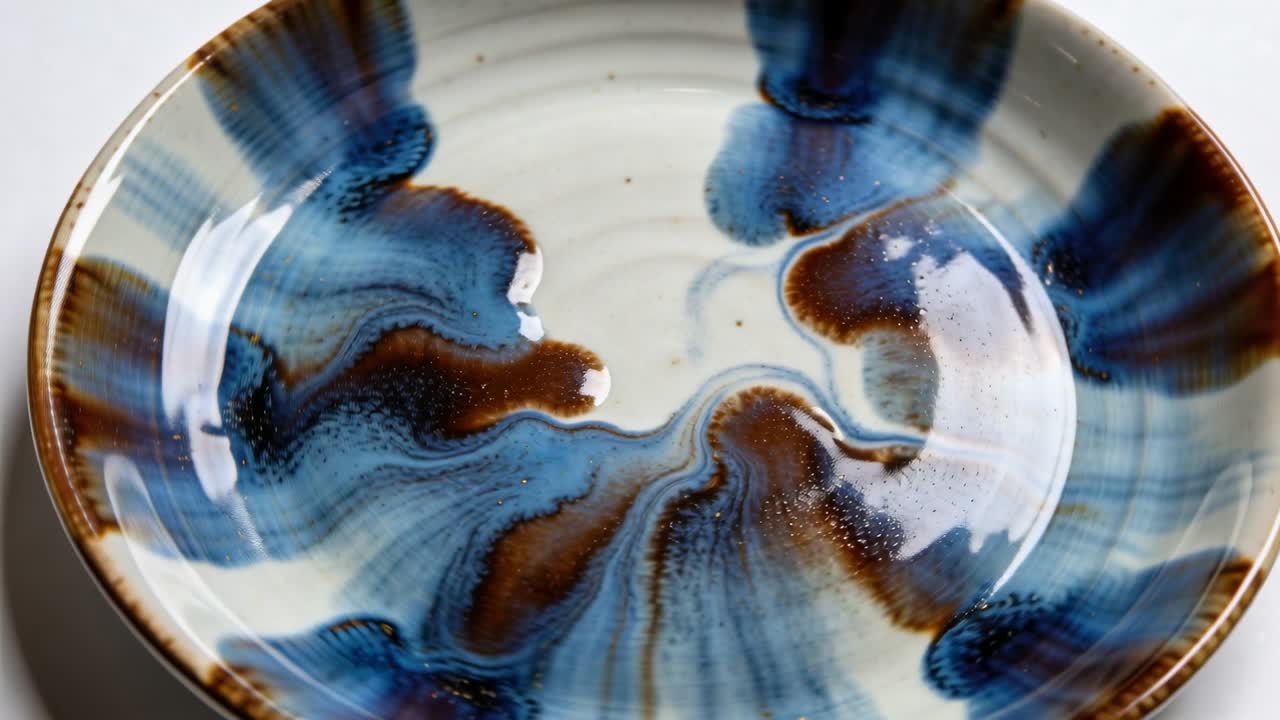 Telecamera panoramica che rivela una ciotola rotonda in ceramica con smalto blu-marrone su un telo bianco, mostrando la lucentezza.