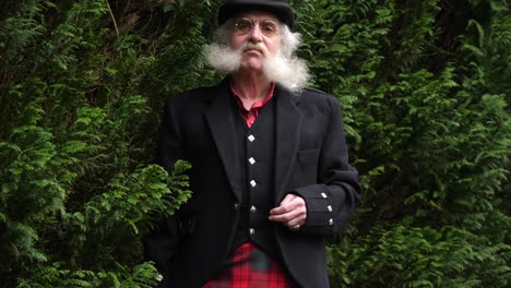 Elderly-man-with-beard-looks-at-camera-through-trees,-leprechaun-concept