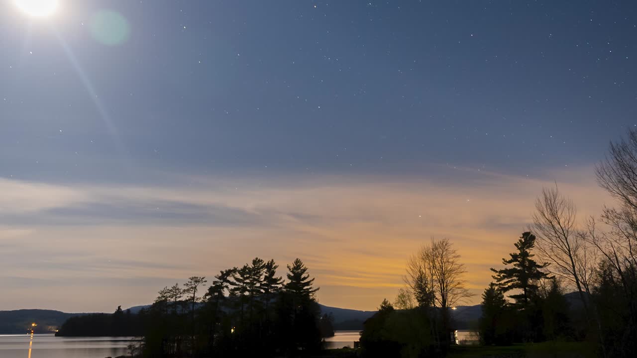 Full moon and stars over new England lake with jet streams and sunset summer solstice time lapse HD 30p