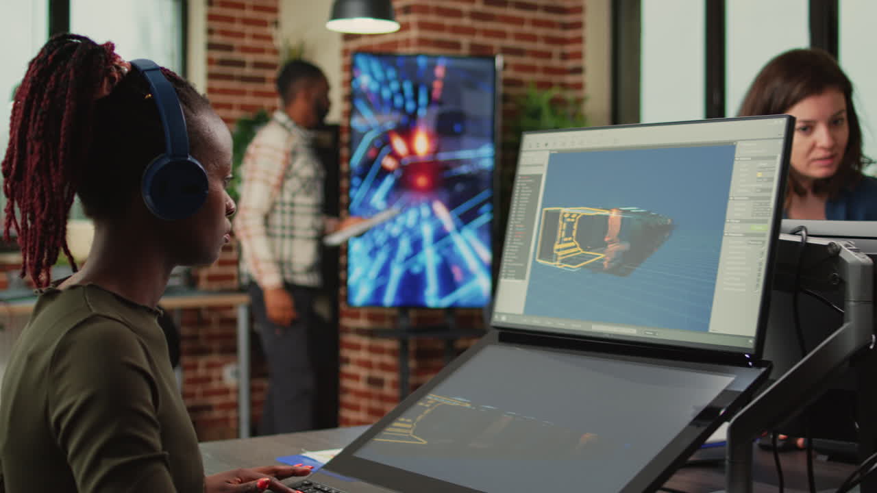 Female creative engineer using game programming software