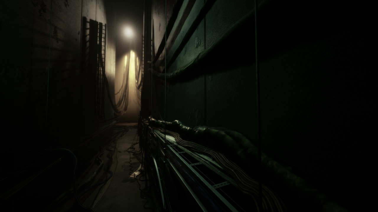 Dark corridor with cables and dim lighting reveals mysterious atmosphere