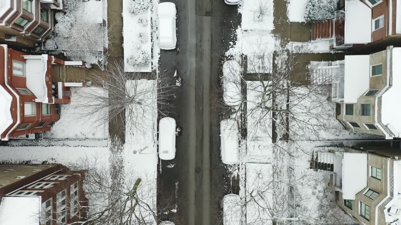 Birds eye view of city street in winter