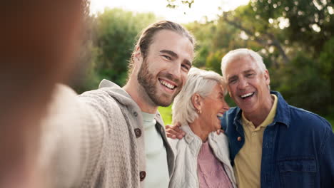 son, selfie and happy with senior parents